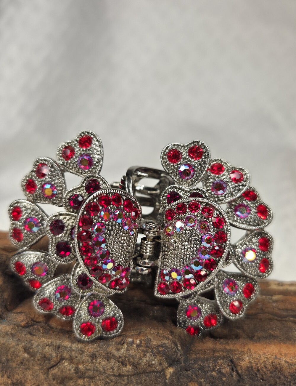 Irridescent Red Rhinestones Crystal Metal Butterfly Hair Claw Clip Flutter Heart
